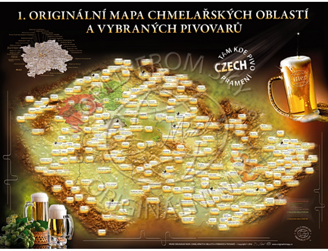 Originální mapa chmelařských oblastí a vybraných pivovarů